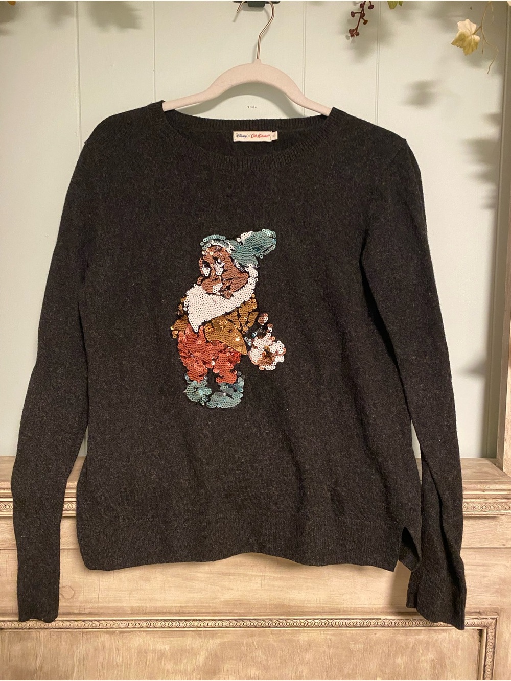 EUC Cath Kidston x Disney Charcoal Gray Sequin Dwarf Crewneck Sweater Medium